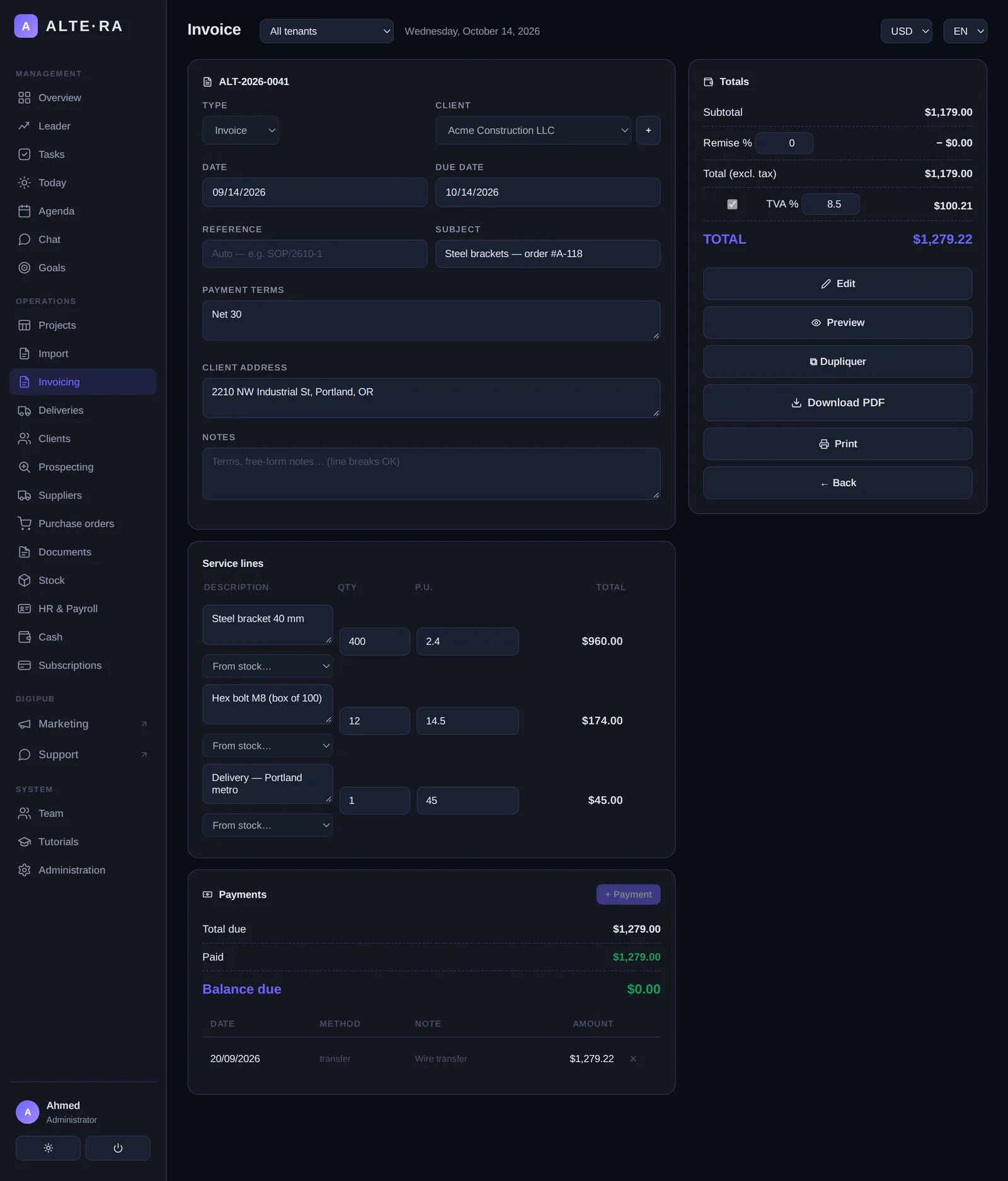 Recording a payment against an issued invoice