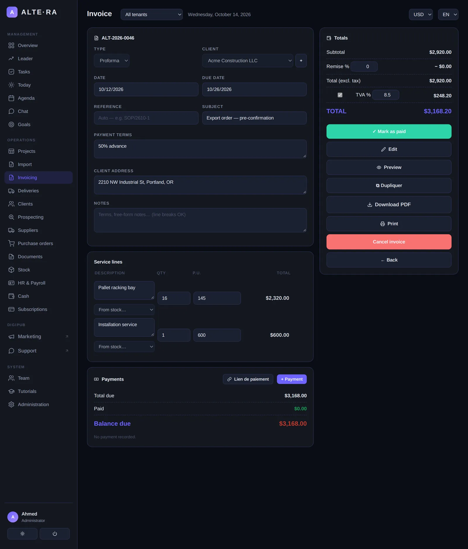 Proforma invoice with prices and terms